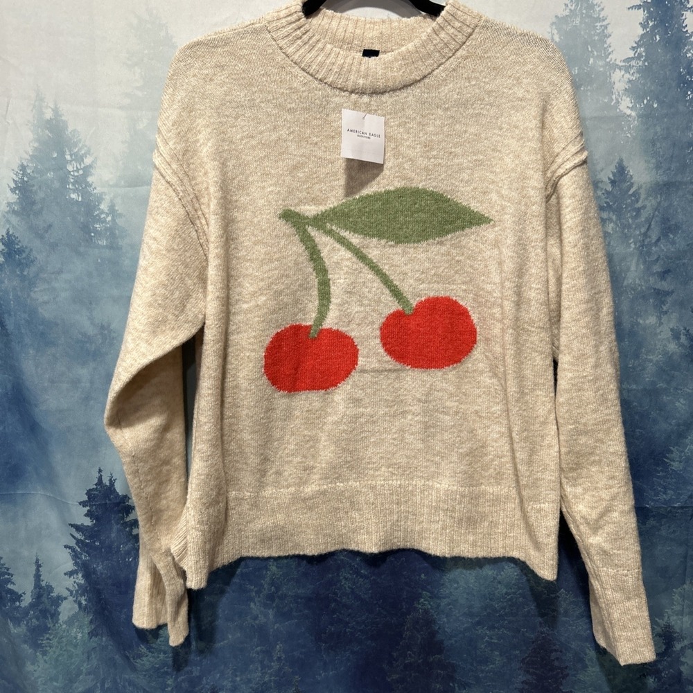 AE Whoa So Soft Cherry Crew Neck Sweater XS Oatmeal Cozy snuggle oversized